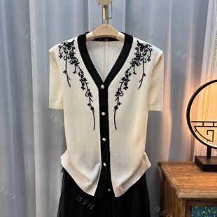 百搭显瘦短袖 半夏白色 针织开衫 女夏季 设计感上衣 新款 V775