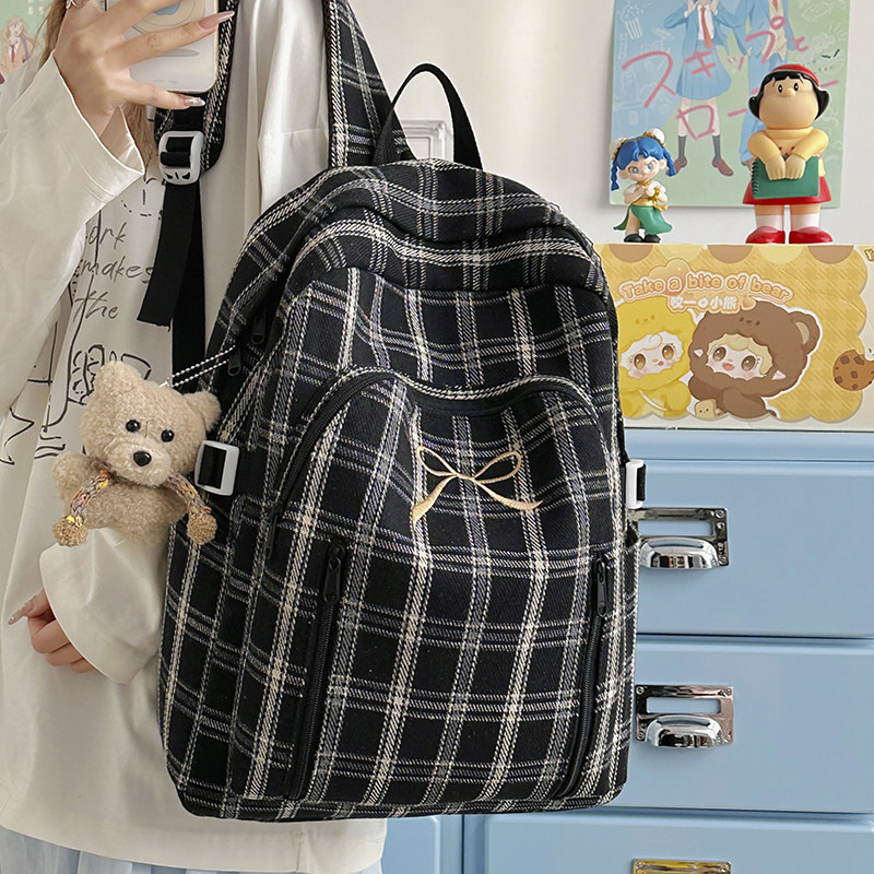 韩系复古格子双肩包女大学生大容量学院风书包初中生休闲通勤背包