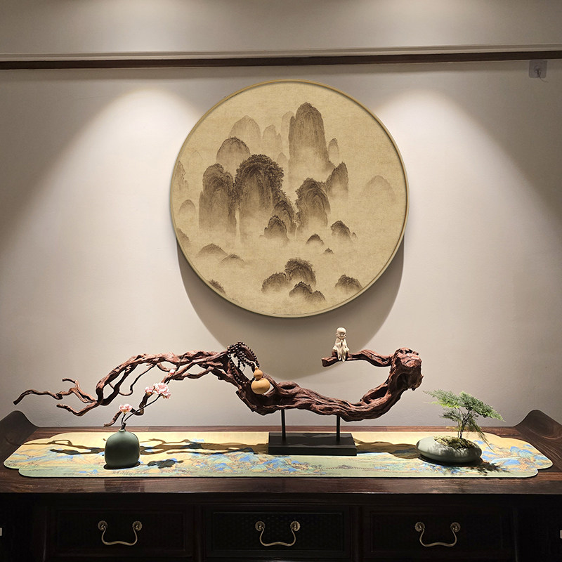 稻草人细闪新中式山水画圆形框玄关装饰画餐厅挂画墙壁画卧室走廊