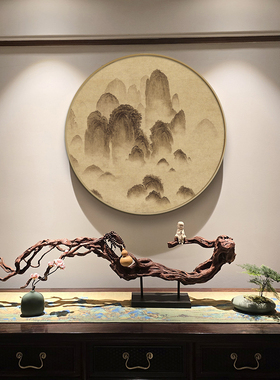 稻草人细闪新中式山水画圆形框玄关装饰画餐厅挂画墙壁画卧室走廊