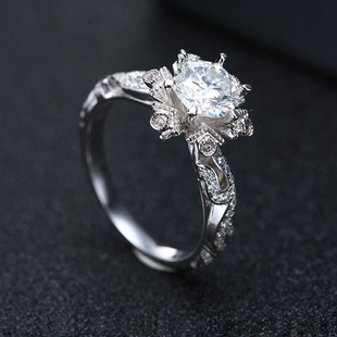 莫桑石钻戒女一克拉S925纯银镀18K白金戒指pt950铂金婚戒初雪款