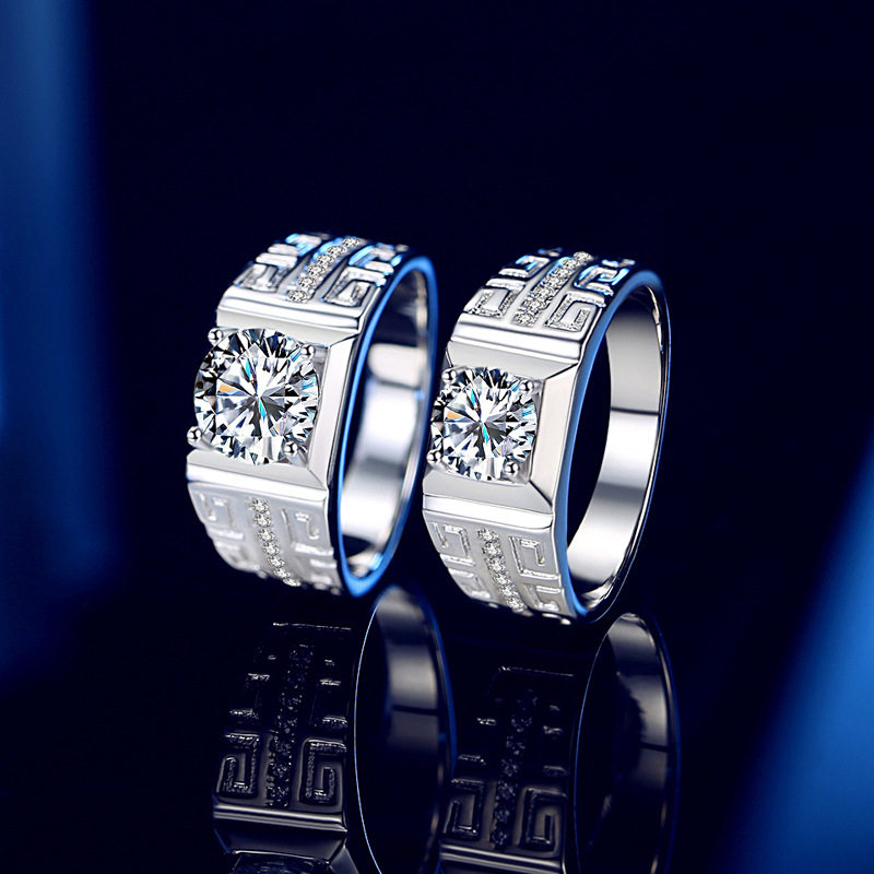 莫桑石钻戒男款925纯银镀AU750白金戒指结婚订婚送男友礼物仿真钻