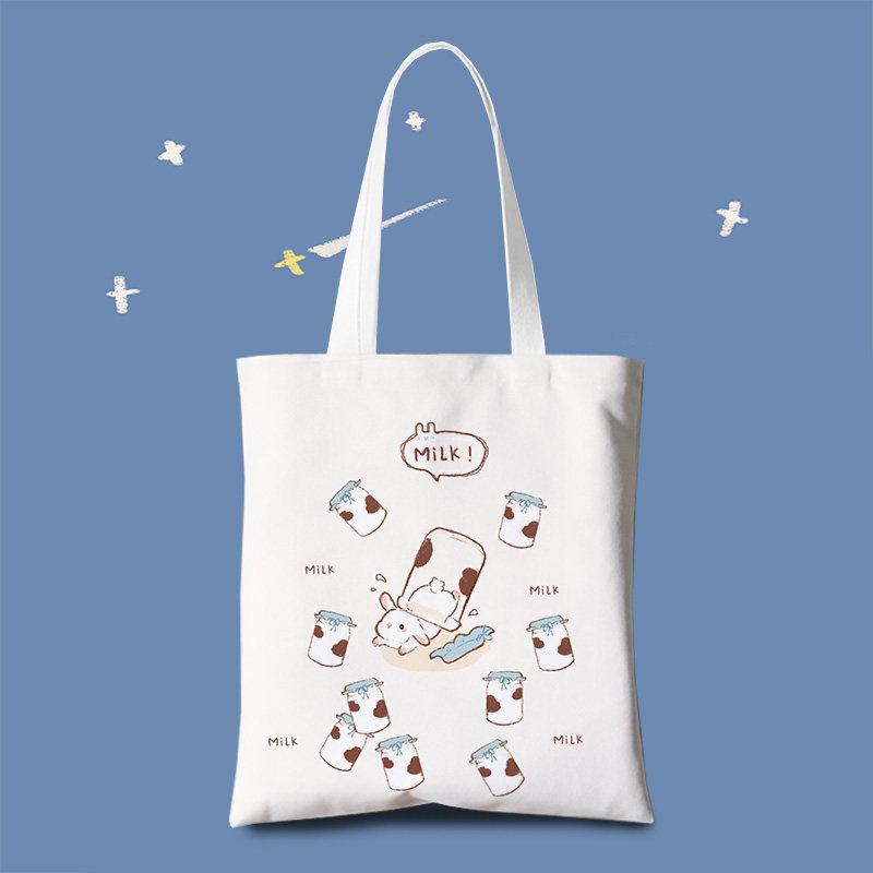 兔子帆布袋可爱百搭时尚旅行中号环保布包插画纵向拉链款新款可爱