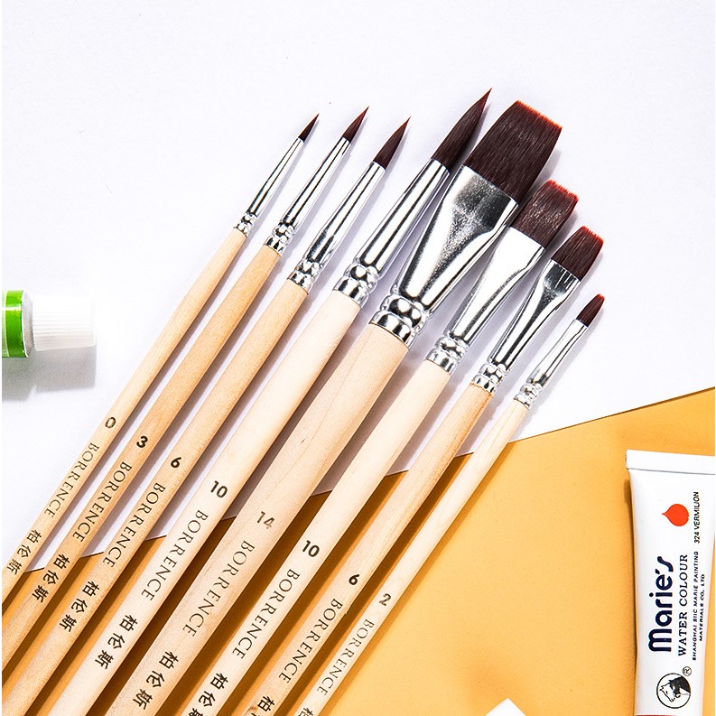 柏伦斯尼龙水粉水彩油画丙烯尖头扁平头美术颜料专用画笔8支套装