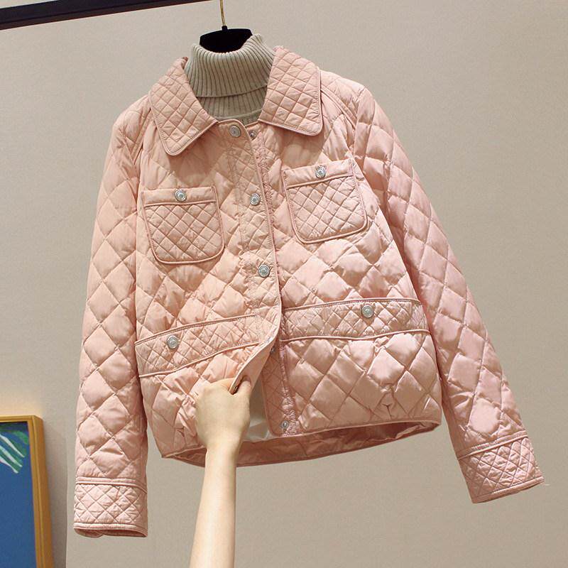 韩国2025秋冬新款小香风轻薄羽绒棉衣女棉袄外套菱格翻领保暖棉服