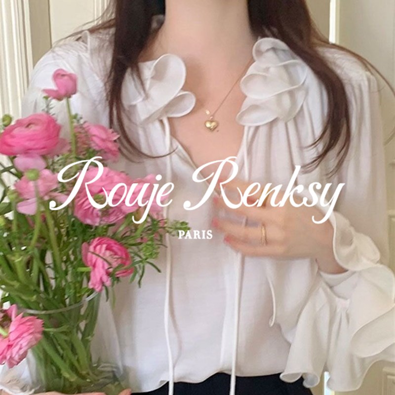 Rouje Renksy法式花苞木耳边V领系带衬衫女高级感喇叭袖上衣
