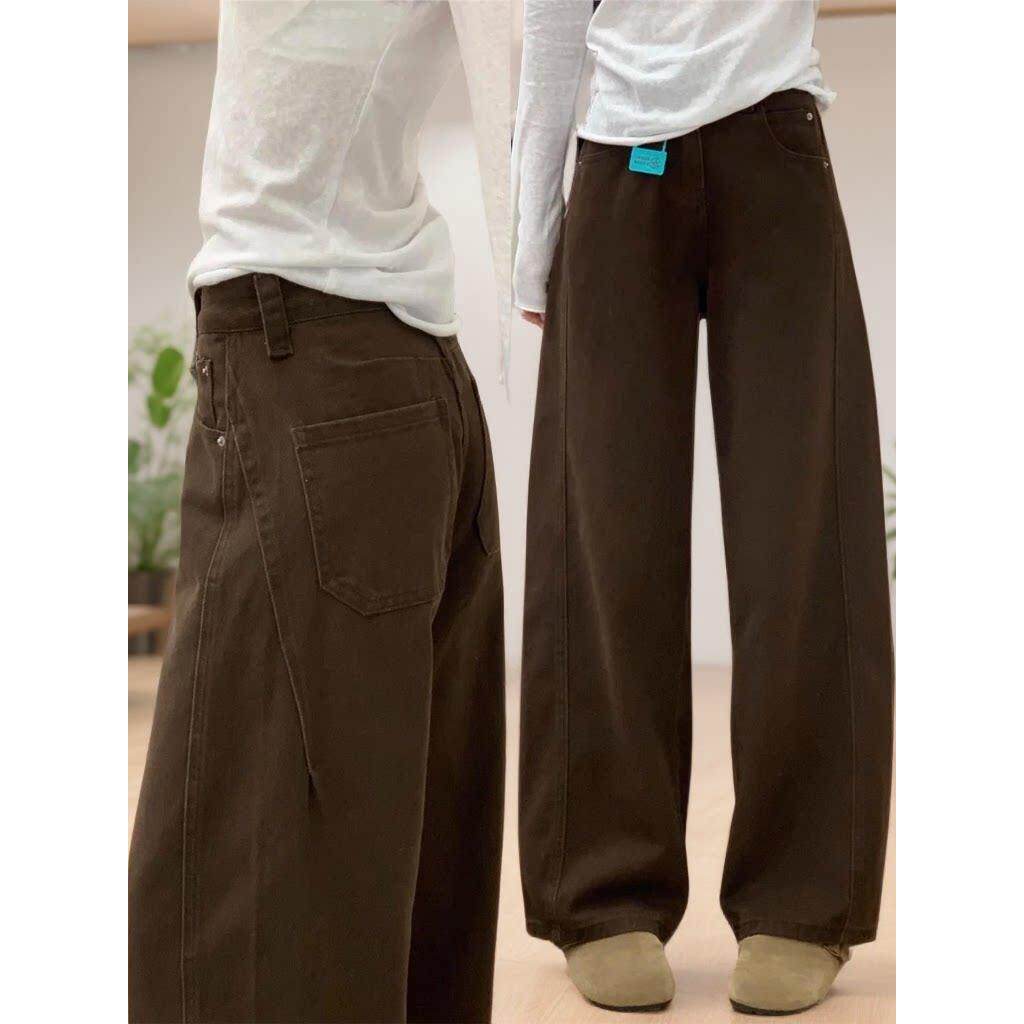 棕色裤子女弯刀裤2025新款今年流行爆款大码胖mm巨显瘦牛仔阔腿裤