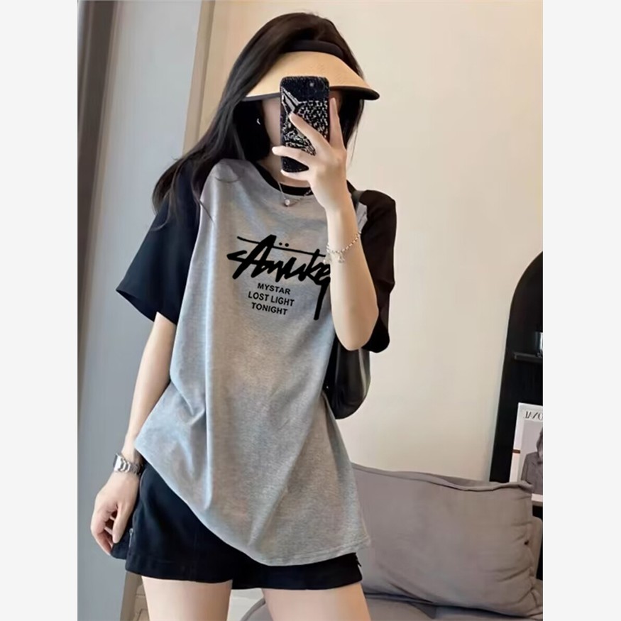 韩国插肩袖纯棉短袖t恤女2025新款中长款宽松大码遮屁股上衣夏季
