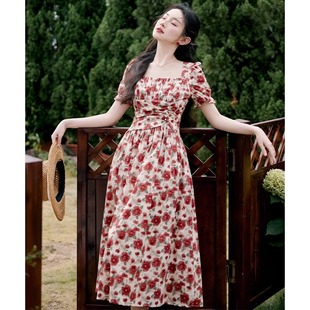 欧洲站2025年夏季 碎花绝美连衣裙女海边度假仙女裙 新款 红色法式