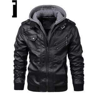 欧美大码 痞帅风骑行机车服夹克加棉加厚外套 连帽真皮皮衣男秋冬季