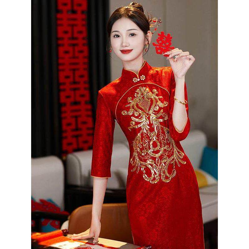 Ocnltiy红色蕾丝旗袍敬酒服新娘秋季新款结婚订婚回门服连衣裙女