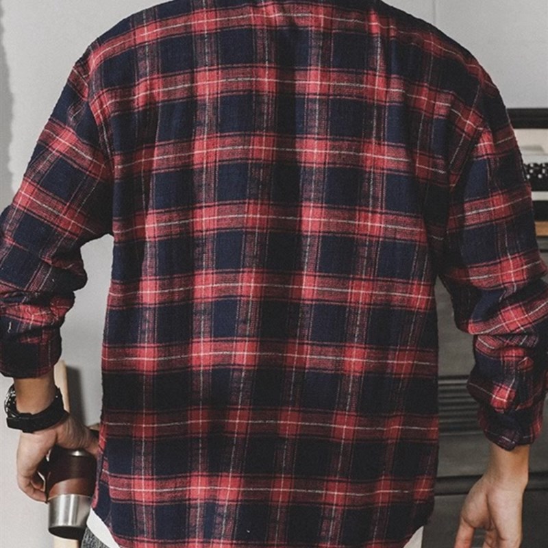 it neith BIAS美式重磅秋季格子衬衫长袖男宽松日系覆古衬衣外套