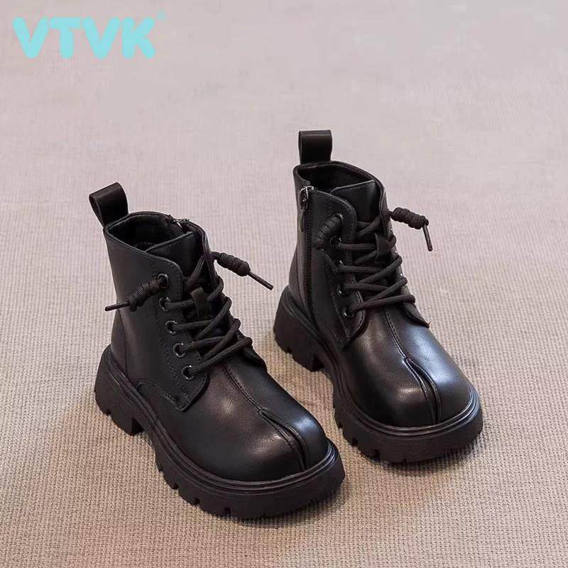 VTVK真皮女童儿童马丁靴2025秋冬新款英伦风短靴女孩软底加绒皮靴