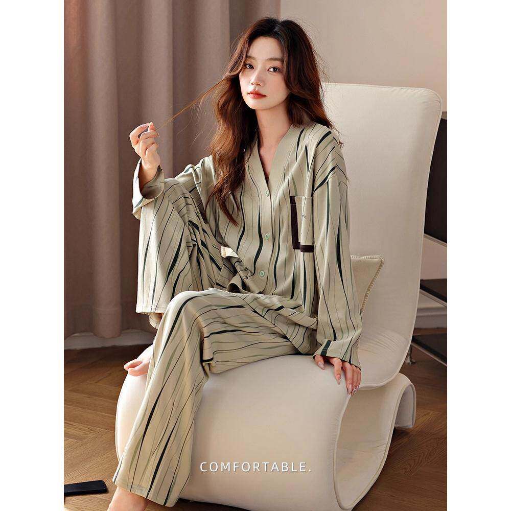 睡衣女款2025新款春秋款长袖纯棉高级感全棉长袖苔绿家居服秋冬季