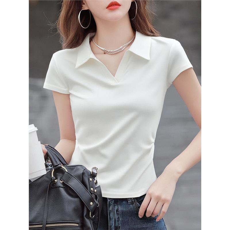 白色修身短款翻领短袖t恤女2025夏季新款polo衫纯棉腰部褶皱上衣
