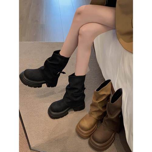 MK&DK超火短靴女2024新款秋真皮小个子美拉德靴子棕色厚底堆堆靴