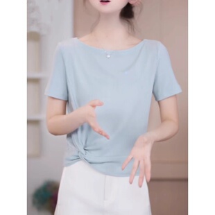 纯色醋酸正肩短袖 高级感扭结百搭显瘦冰丝上衣 t恤女2025新款 夏季