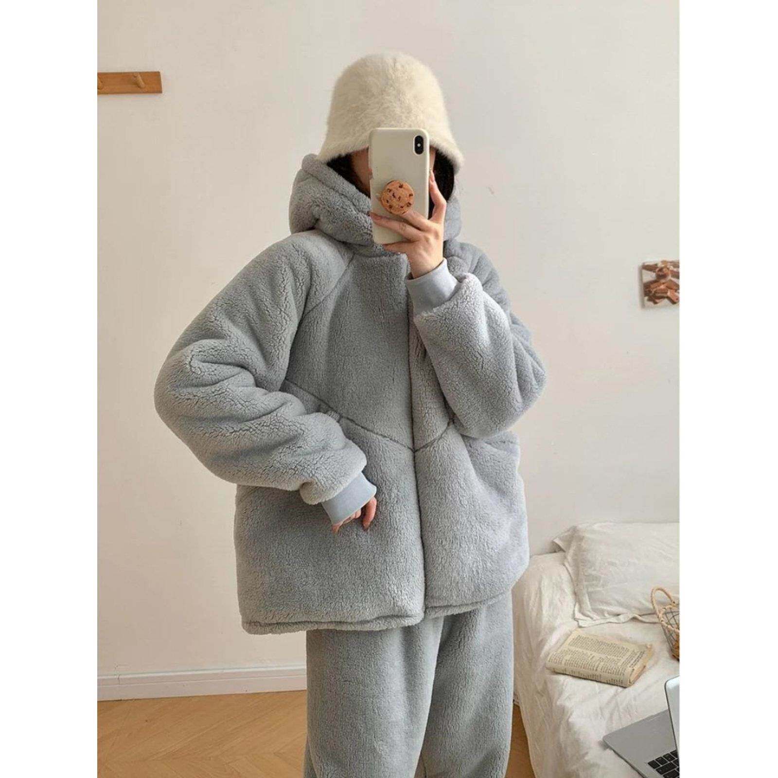 韩版连帽拉炼大口袋加厚羊羔绒睡衣女冬外穿保暖软糯牛奶绒家居服