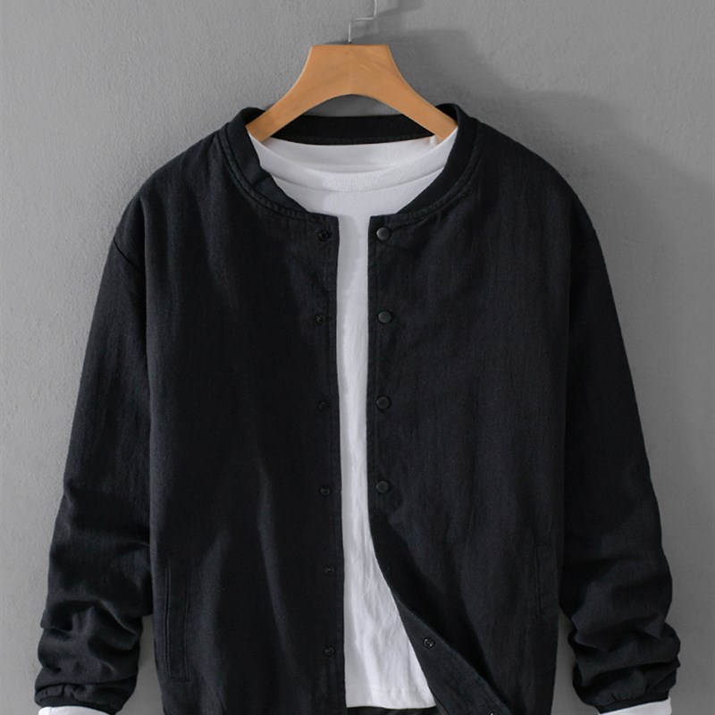 GM新潮 日系覆古 精品棉麻!棉麻夹克外套男士春秋无领薄款棒球服