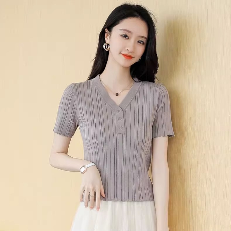 薄款针织t恤女修身短款2025年新款夏装韩版时尚小衫短袖舒适上衣