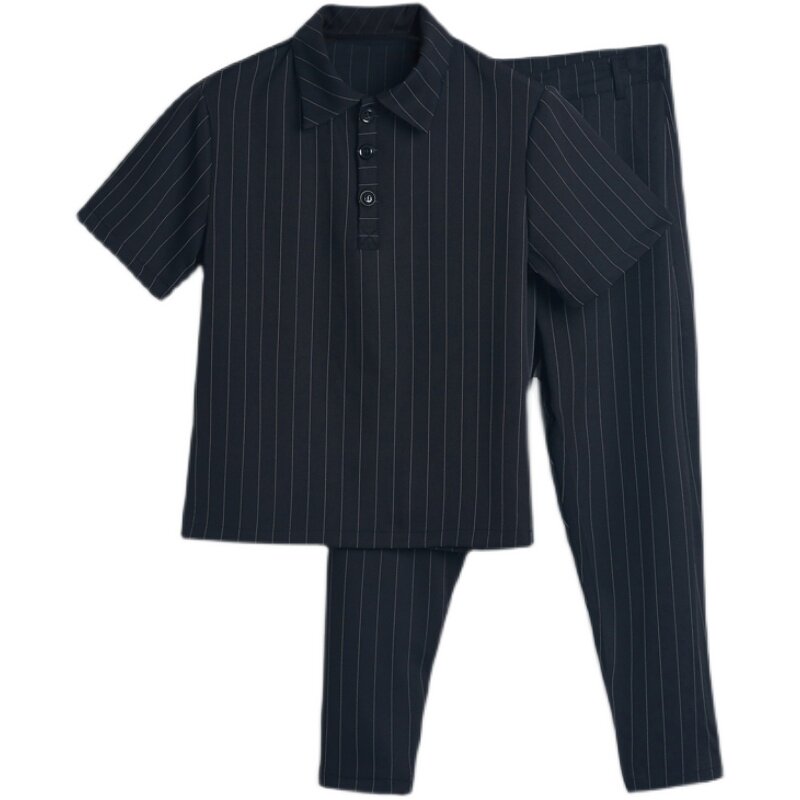 KOREAN COUNTER WINTER STRIPED SHIRT MENS KOREAN VERSION OF THE TREND HANDSOME MENS SET OF HANDSOME SHORT-SLEEVED CASUAL SUIT MEN