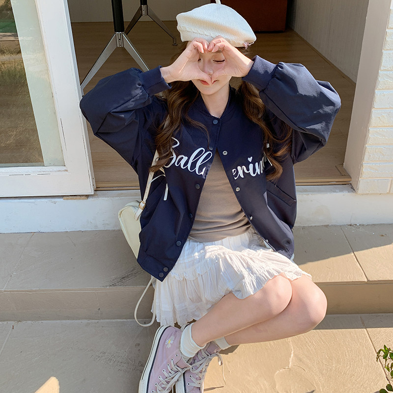 藏青色学院风字母棒球服外套女2025春秋新款韩版减龄休闲夹克上衣,女装短外套,2C309