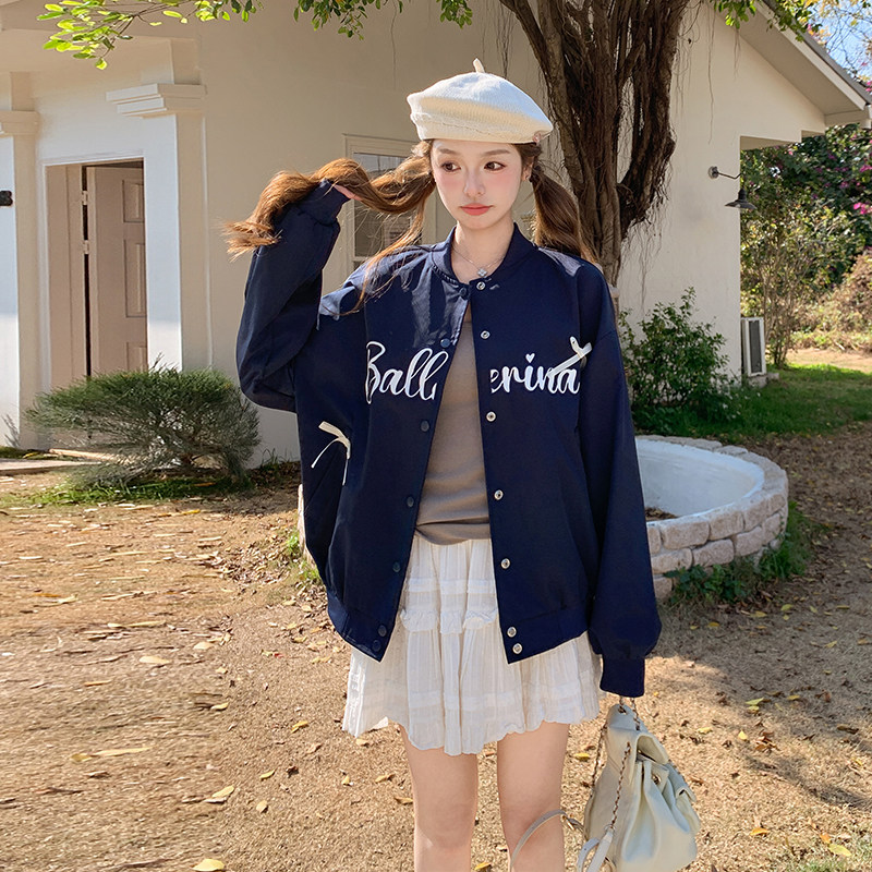 藏青色学院风字母棒球服外套女2025春秋新款韩版减龄休闲夹克上衣图片