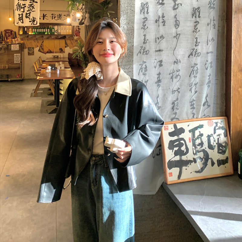 黑色复古设计感皮衣外套女2025年秋季新款韩系休闲小个子PU皮夹克,女装皮衣,2C309