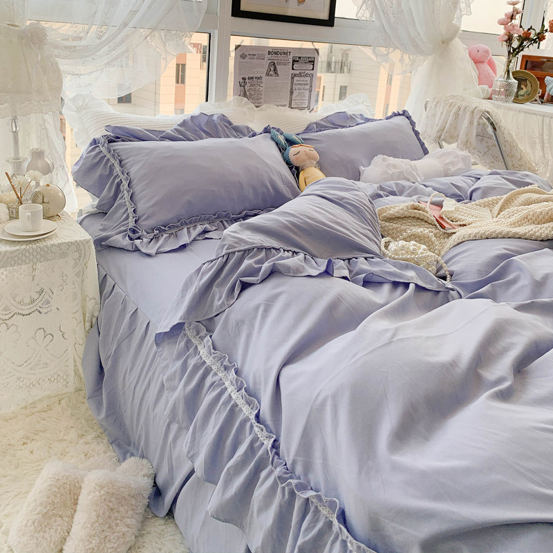 韩式ins温柔紫荷叶花边被套公主风少女床裙四件套床单宿舍三件套