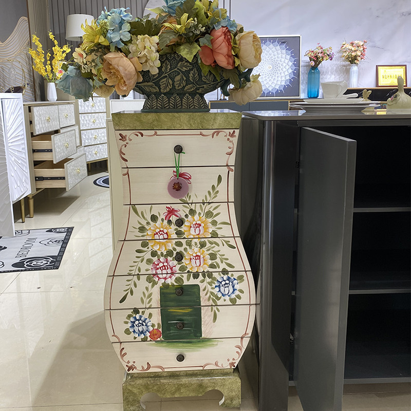 美式乡村彩绘卧室五斗柜实木 田园客厅花瓶柜地中海复古七斗柜子