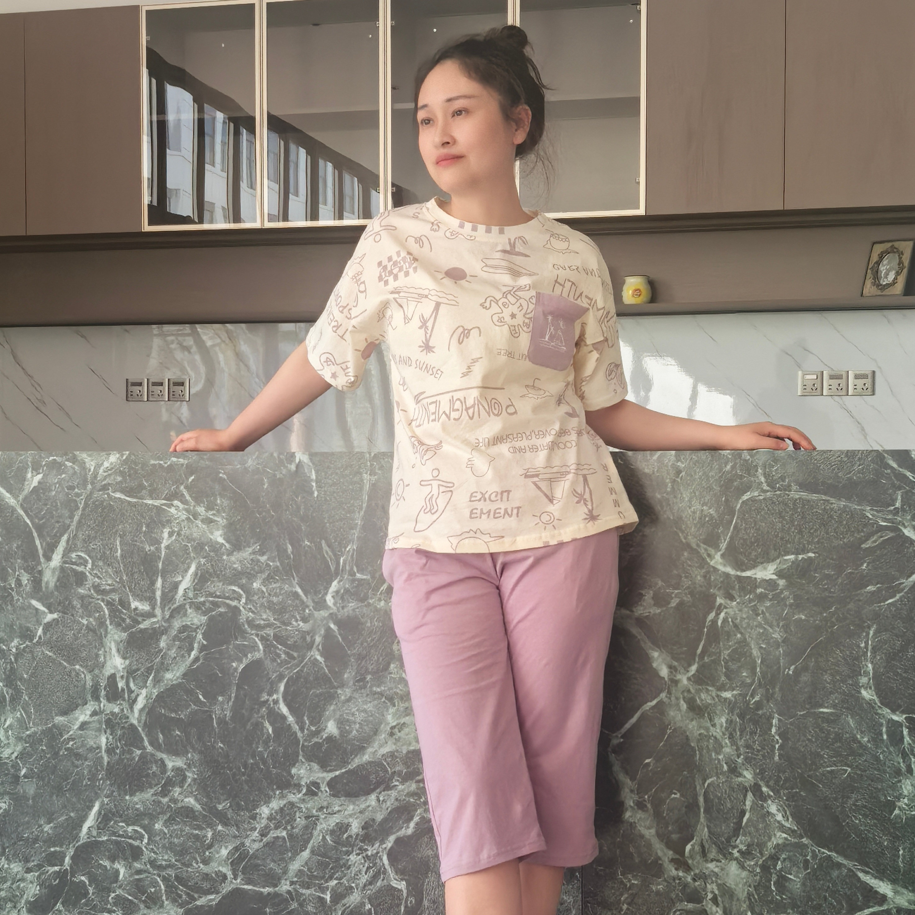 三禾睡衣女士夏天短袖七分裤棉质夏季卡通休闲大码两件家居服套装