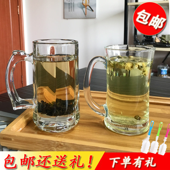 带把泡茶杯加厚耐热玻璃杯大号扎啤杯菠萝杯啤酒杯家用透明开水杯