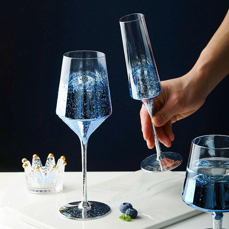 高颜值渐变蓝星空高脚杯家用水晶玻璃葡萄红酒杯子香槟鸡尾酒摆件