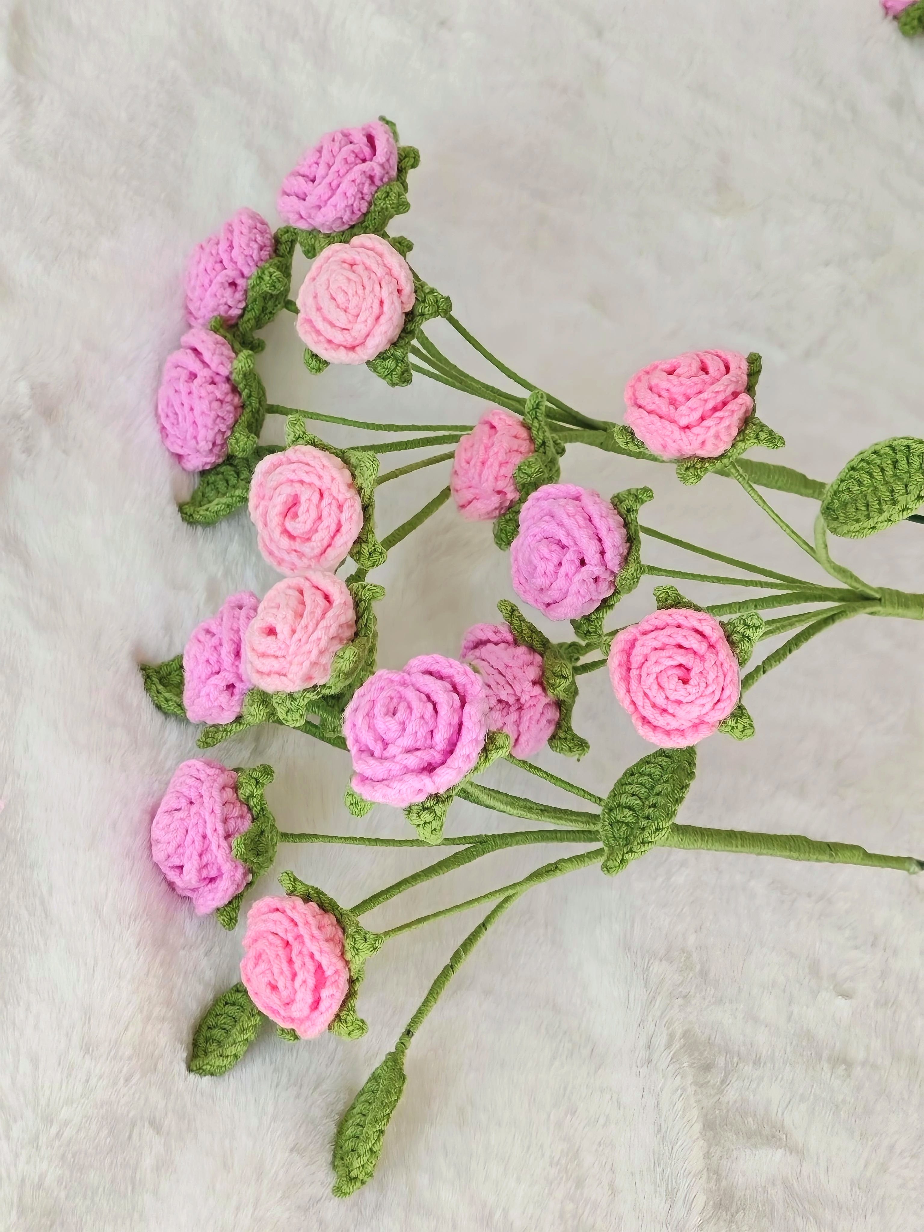 手工钩织泡泡玫瑰花束成品毛线材质情人节礼物插花瓶高大上仿真花