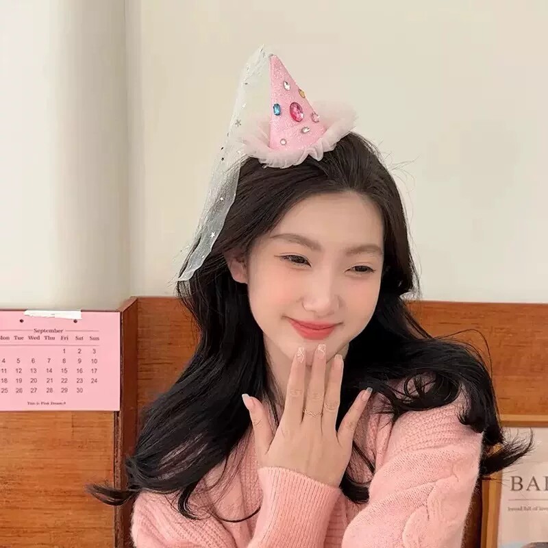 甜心水钻帽子网纱飘带发夹女生日派对发卡拍照装饰道具鸭嘴夹头饰