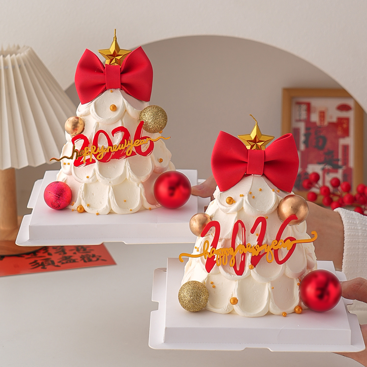 2026跨年新年蛋糕装饰亚克力插牌红色蝴蝶结许愿树五角星蜡烛摆件