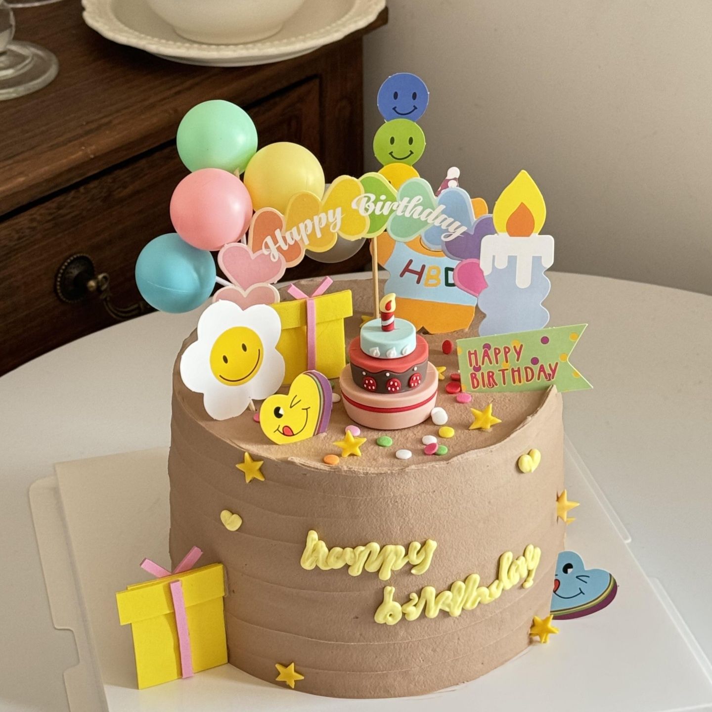 ins风插牌蛋糕装饰小花HBD软胶小蛋糕彩色蜡烛生日烘焙装扮插件