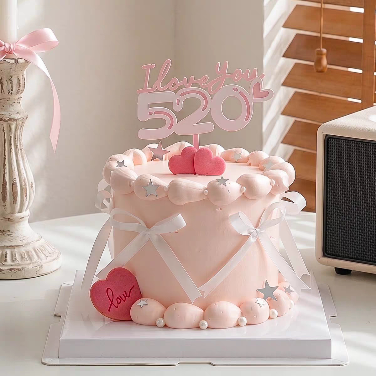 2026情人节粉色丝绒条纹爱心饼干蛋糕装饰亚克力520双层love装扮