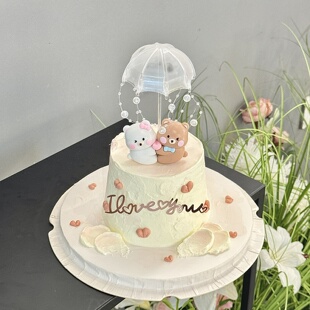 2026七夕情人节爱心抱抱熊蛋糕装饰透明小雨伞情侣love亚克力插件