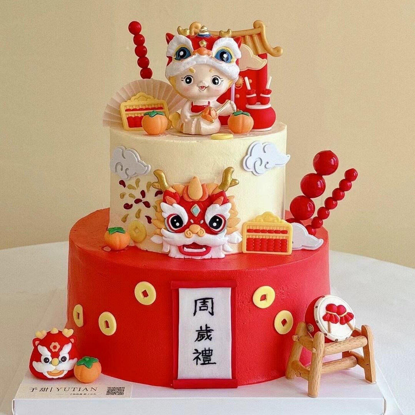 中式国风狮帽男孩蛋糕装饰舞狮宝宝儿童周岁生日派对烘焙甜品摆件