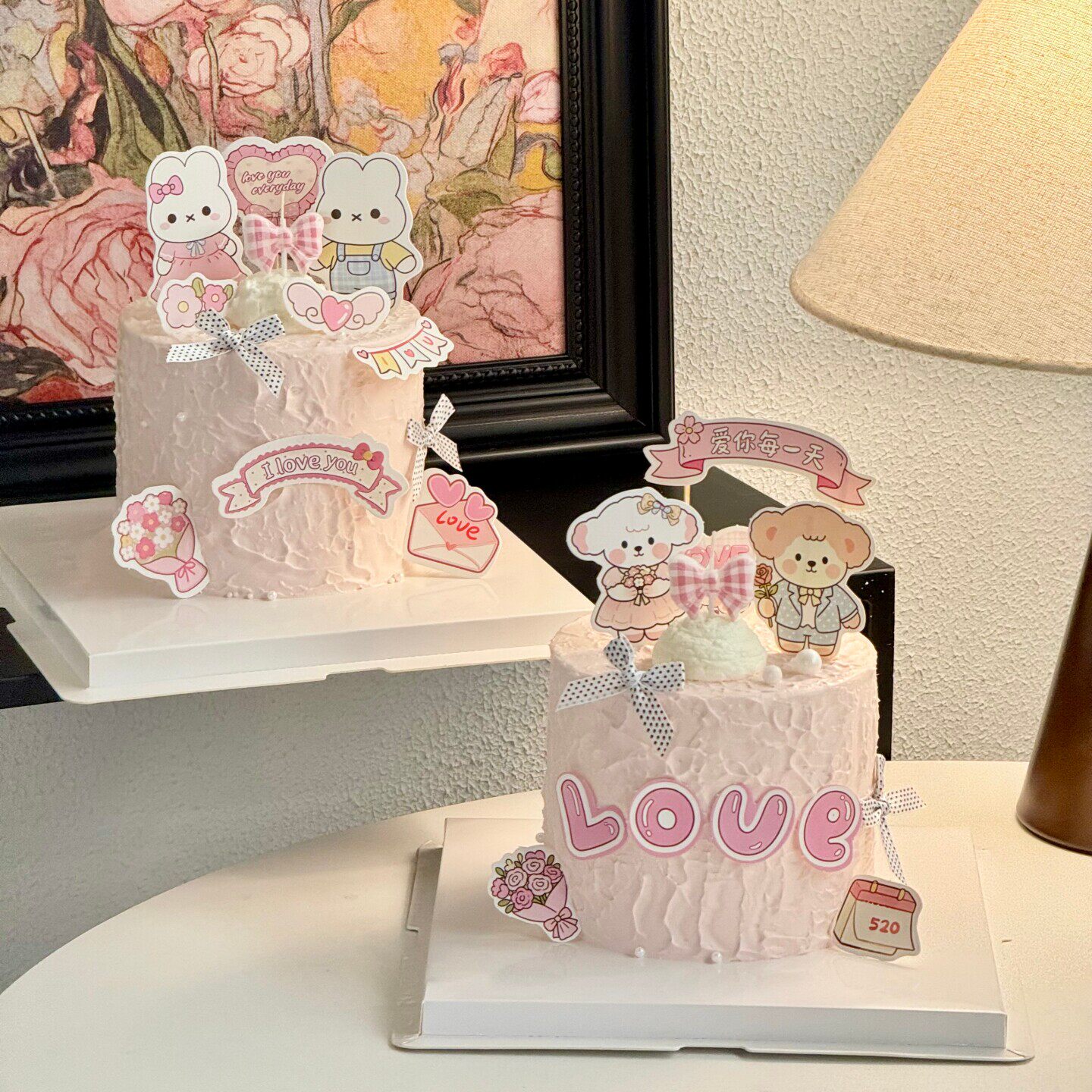 新款情人节LOVE情侣线条小狗小兔蛋糕装饰插牌波点蝴蝶结蜡烛装扮