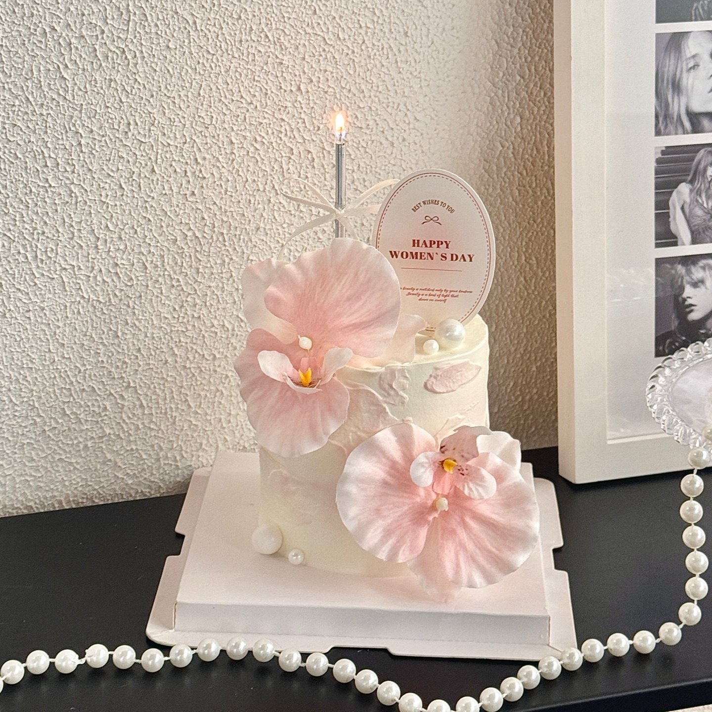 38女神节蝴蝶兰花束蛋糕装饰摆件三八女王节快乐椭圆卡片插牌插件