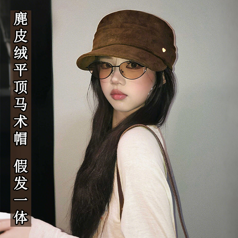 帽子假发一体女仿真发平顶马术帽