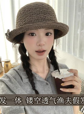夏季透气显脸小麻花辫渔夫帽假发