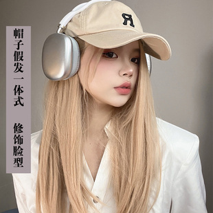 假发帽子一体爆款R字母鸭舌帽时尚白金中长卷发棒球帽大头围头套