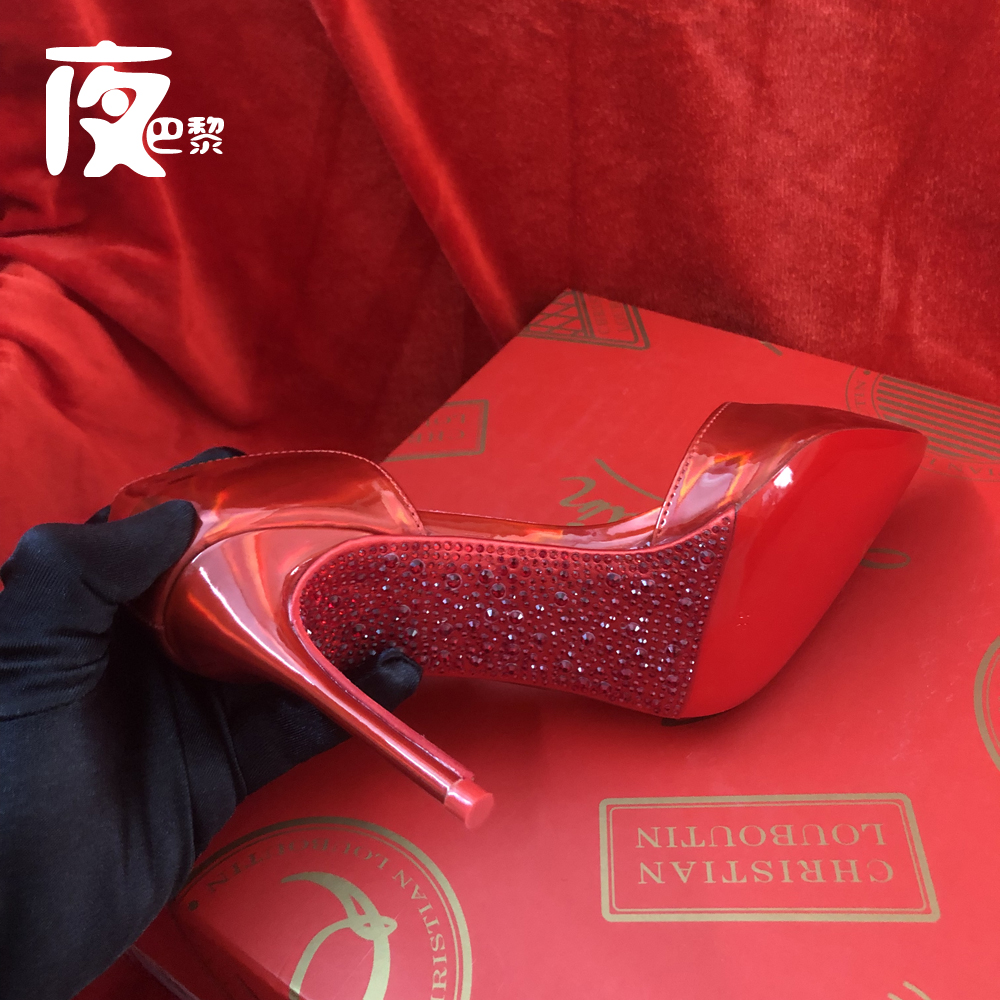 夜巴黎 内侧空水钻底高跟鞋红底鞋镭射红婚鞋单鞋女浅口细跟性感