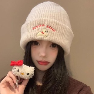 可爱小狗刺绣针织毛线帽女2025年新款秋冬季显脸小百搭大头围帽子