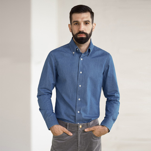 艾比路秋冬复古绅士IVY靛蓝牛仔洗水纽扣尖领长袖 男衬衫