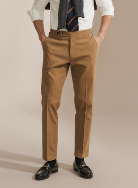 艾比路25秋冬老钱风弹力斜纹洗水长绒棉巴黎扣Chino九分休闲西裤