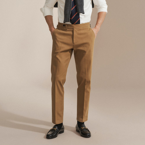 艾比路25秋冬老钱风弹力斜纹洗水长绒棉巴黎扣Chino九分休闲西裤